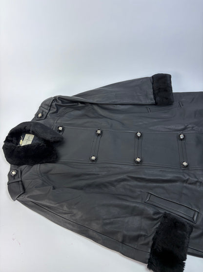 Vintage Courrèges Double-Breasted Leather Coat Faux Fur Black Grey approx. M