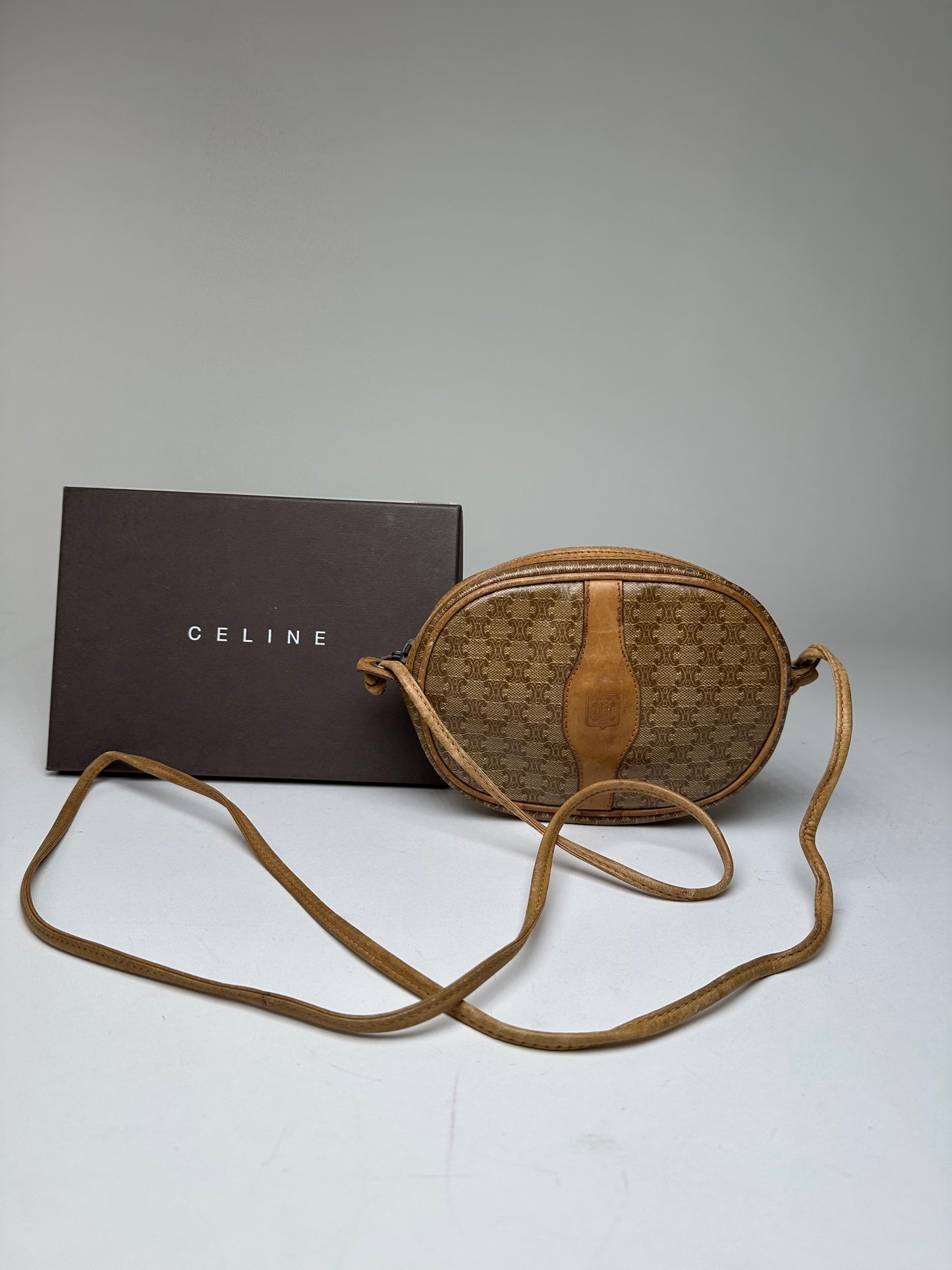 Vintage Celine Macadam Canvas Camera Crossbody Bag Beige