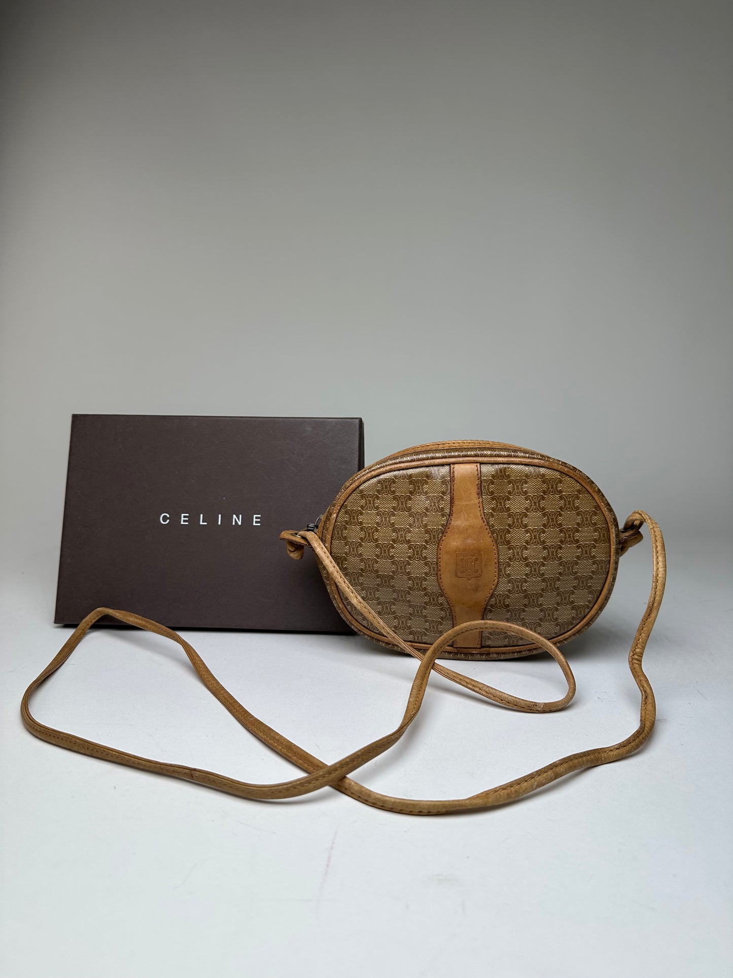 Vintage Celine Macadam Canvas Camera Crossbody Bag Beige
