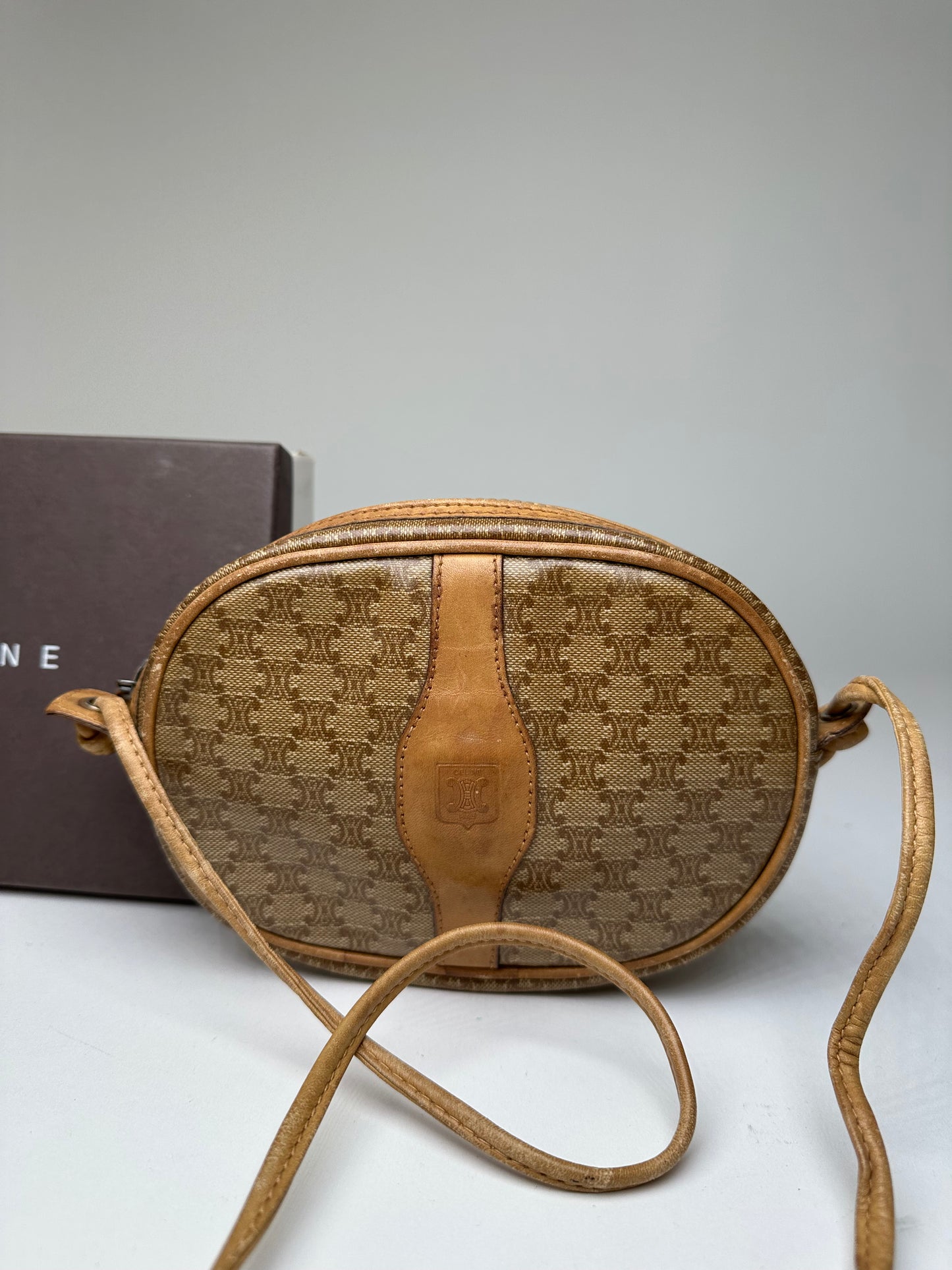 Vintage Celine Macadam Canvas Camera Crossbody Bag Beige