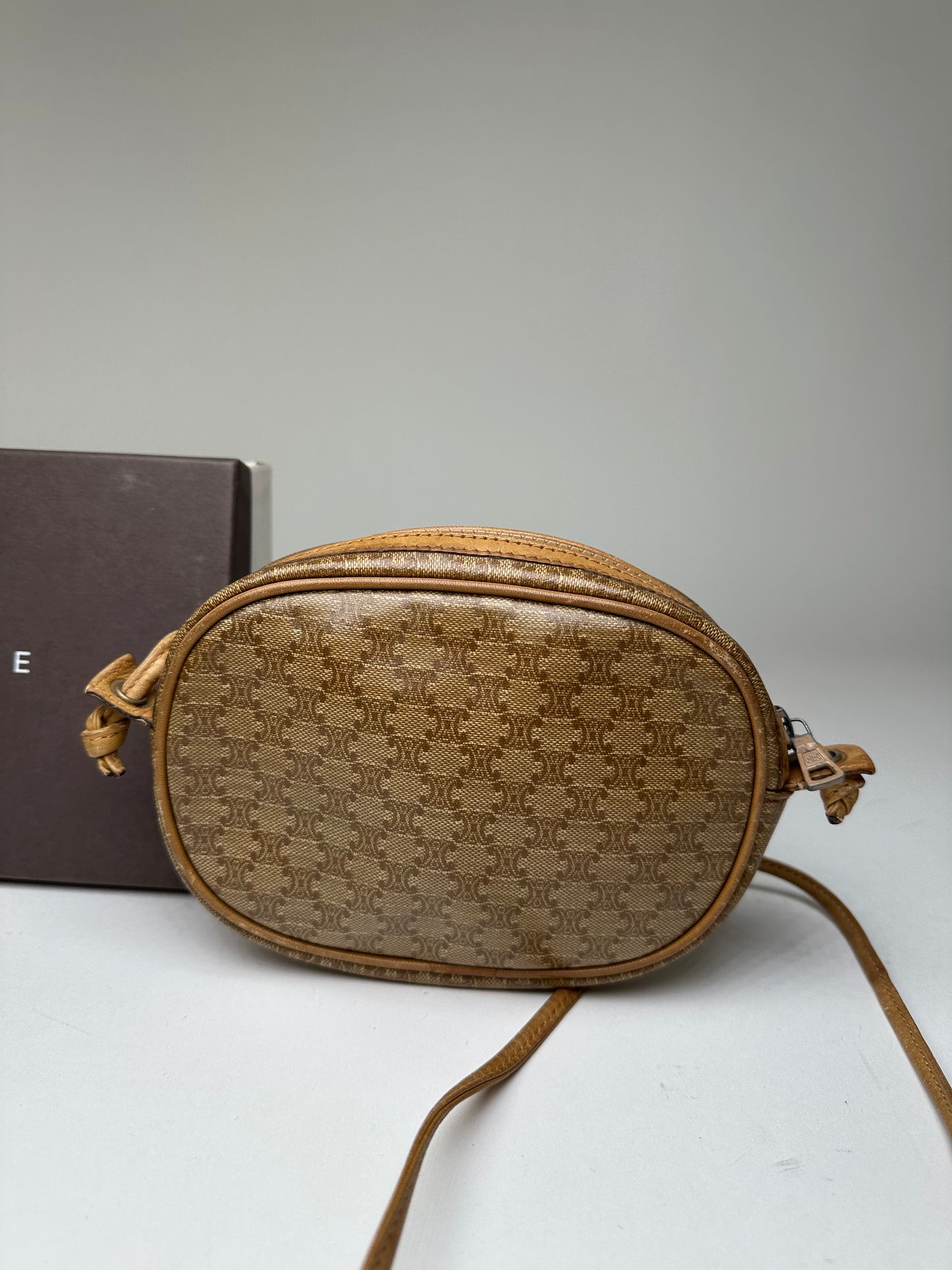 Vintage Celine Macadam Canvas Camera Crossbody Bag Beige
