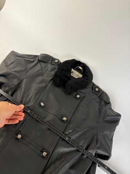 Vintage Courrèges Double-Breasted Leather Coat Faux Fur Black Grey approx. M