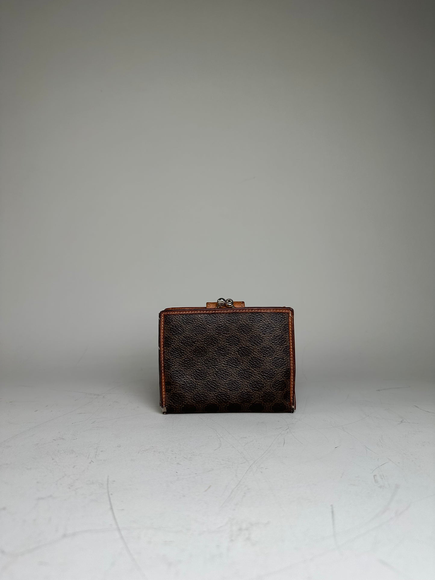 Vintage Celine Coated Canvas Wallet Dark Brown Tan Silver