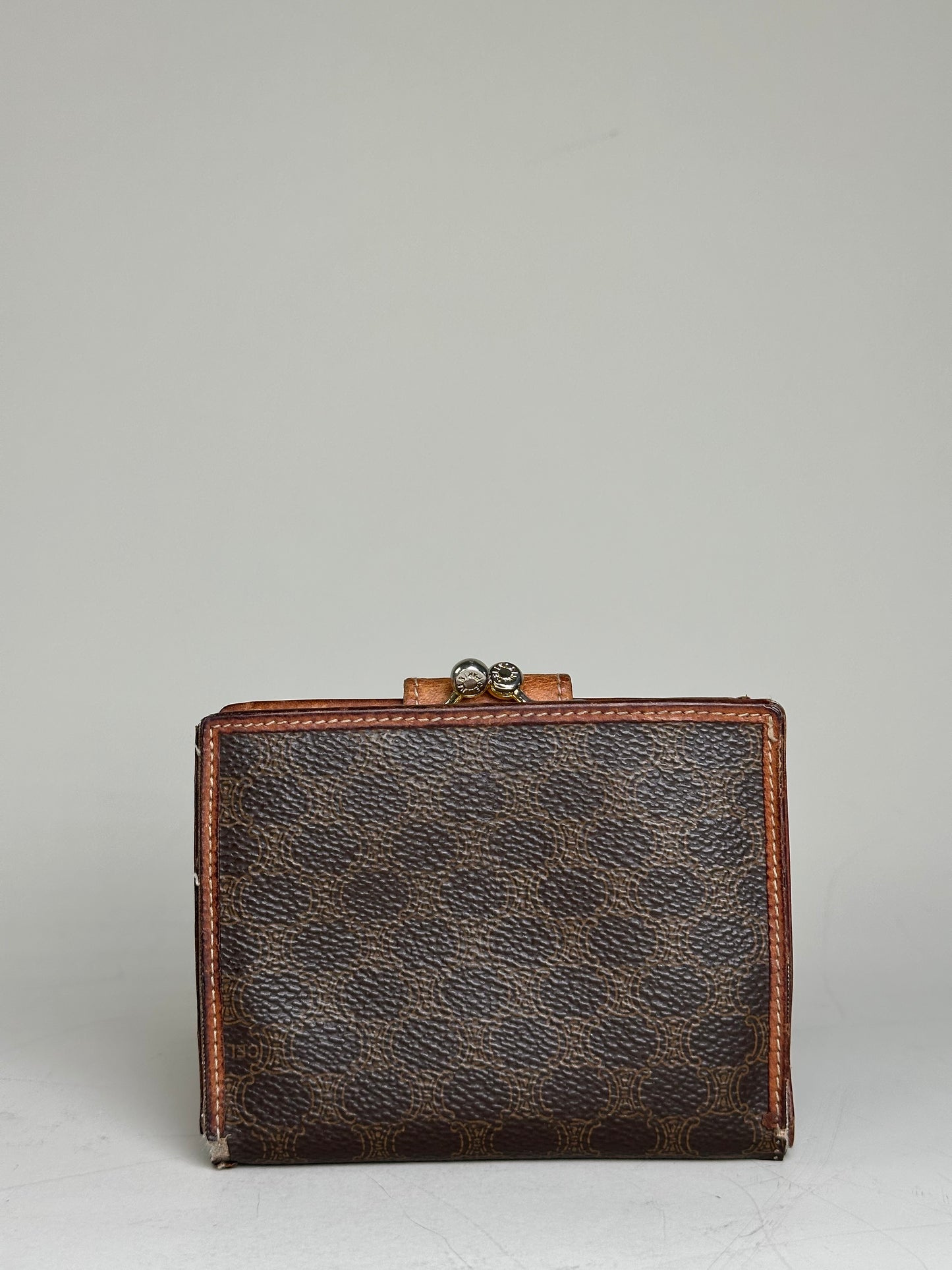 Vintage Celine Coated Canvas Wallet Dark Brown Tan Silver