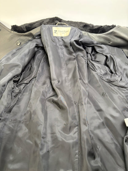 Vintage Courrèges Double-Breasted Leather Coat Faux Fur Black Grey approx. M