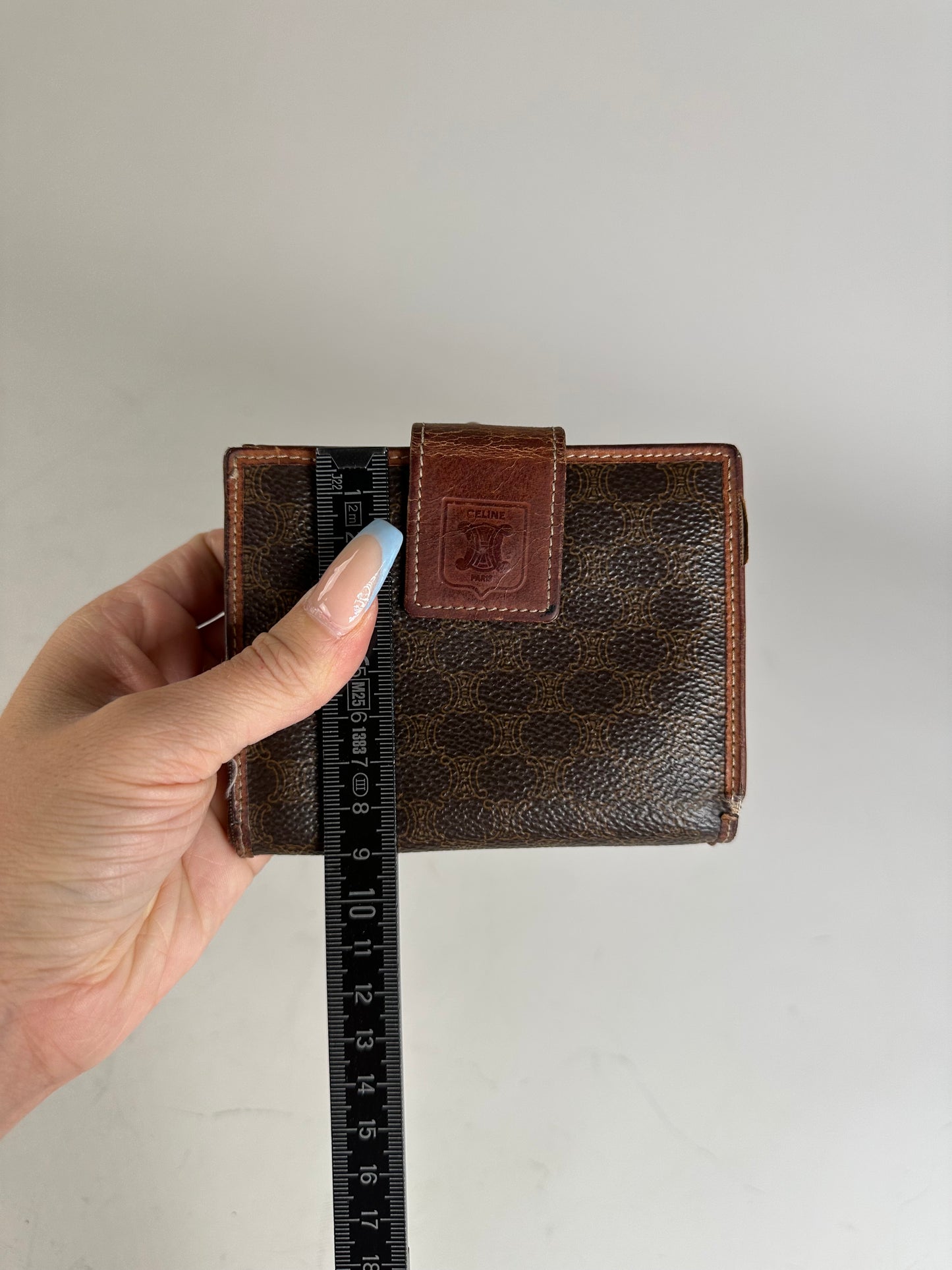 Vintage Celine Coated Canvas Wallet Dark Brown Tan Silver