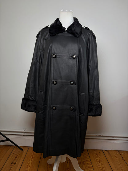 Vintage Courrèges Double-Breasted Leather Coat Faux Fur Black Grey approx. M