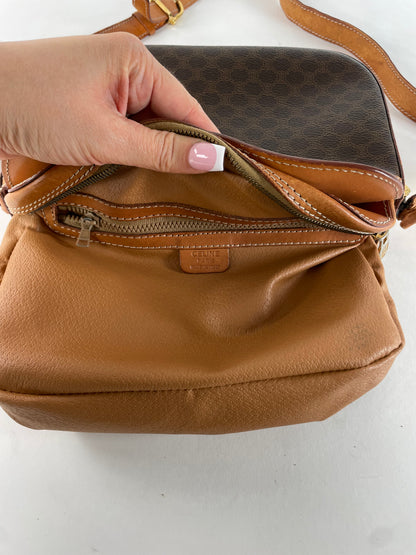 Vintage Celine Paris Triomphe Monogram Leather Shoulder Bag brown