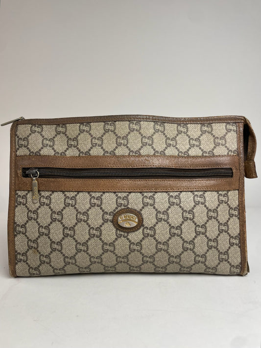 Vintage Gucci Monogram Leather Clutch Grey Brown
