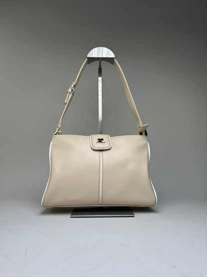 Vintage Courreges Leather Shoulder Bag Beige White Trim