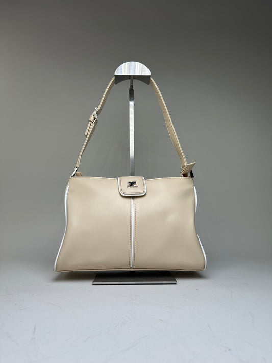 Vintage Courreges Leather Shoulder Bag Beige White Trim