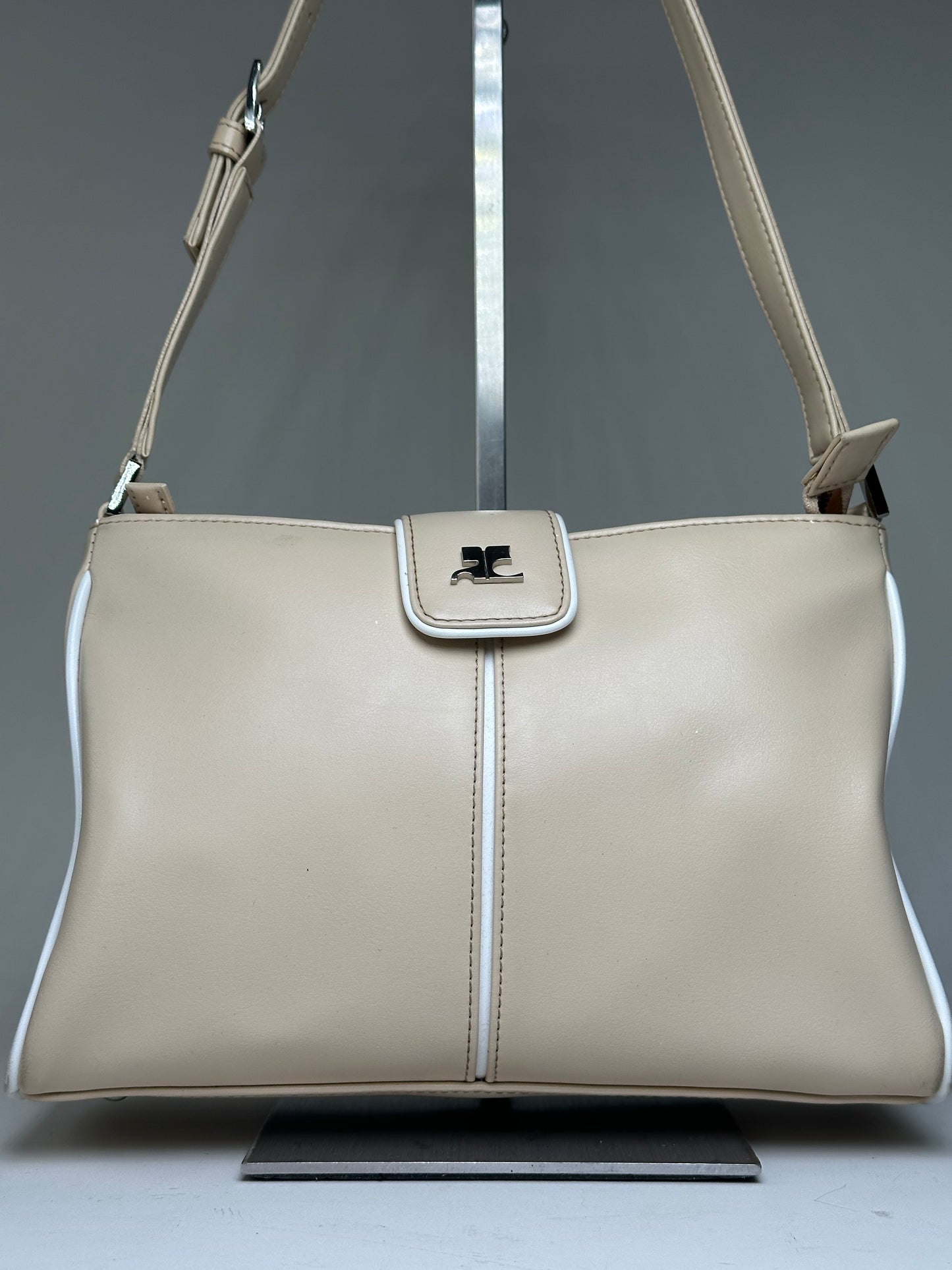 Vintage Courreges Leather Shoulder Bag Beige White Trim