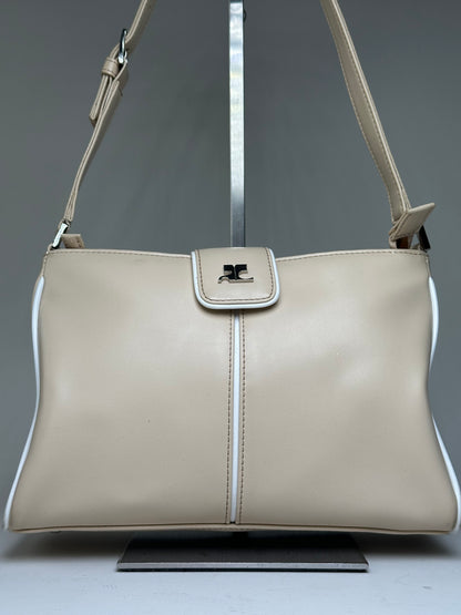 Vintage Courreges Leather Shoulder Bag Beige White Trim