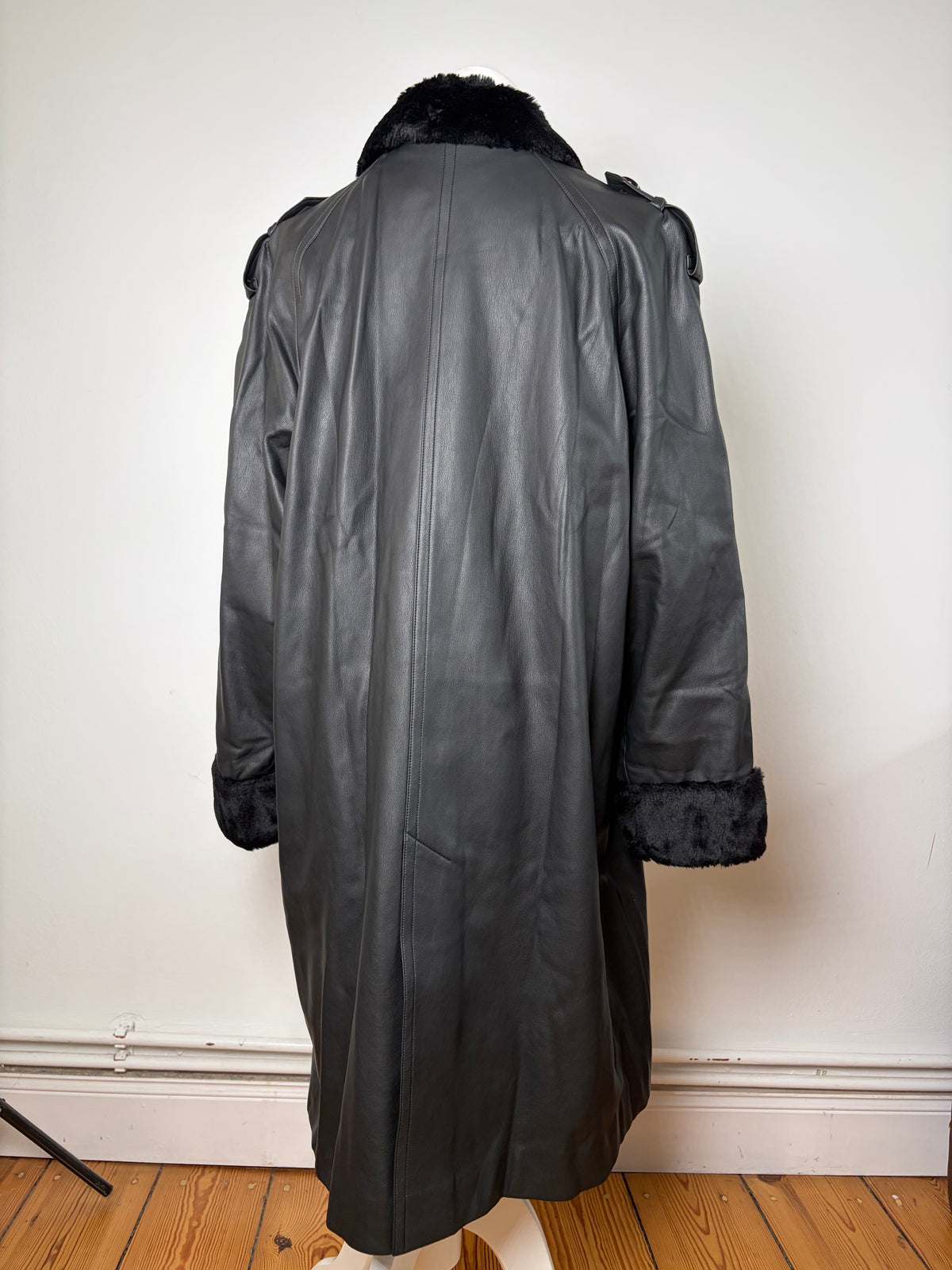 Vintage Courrèges Double-Breasted Leather Coat Faux Fur Black Grey approx. M