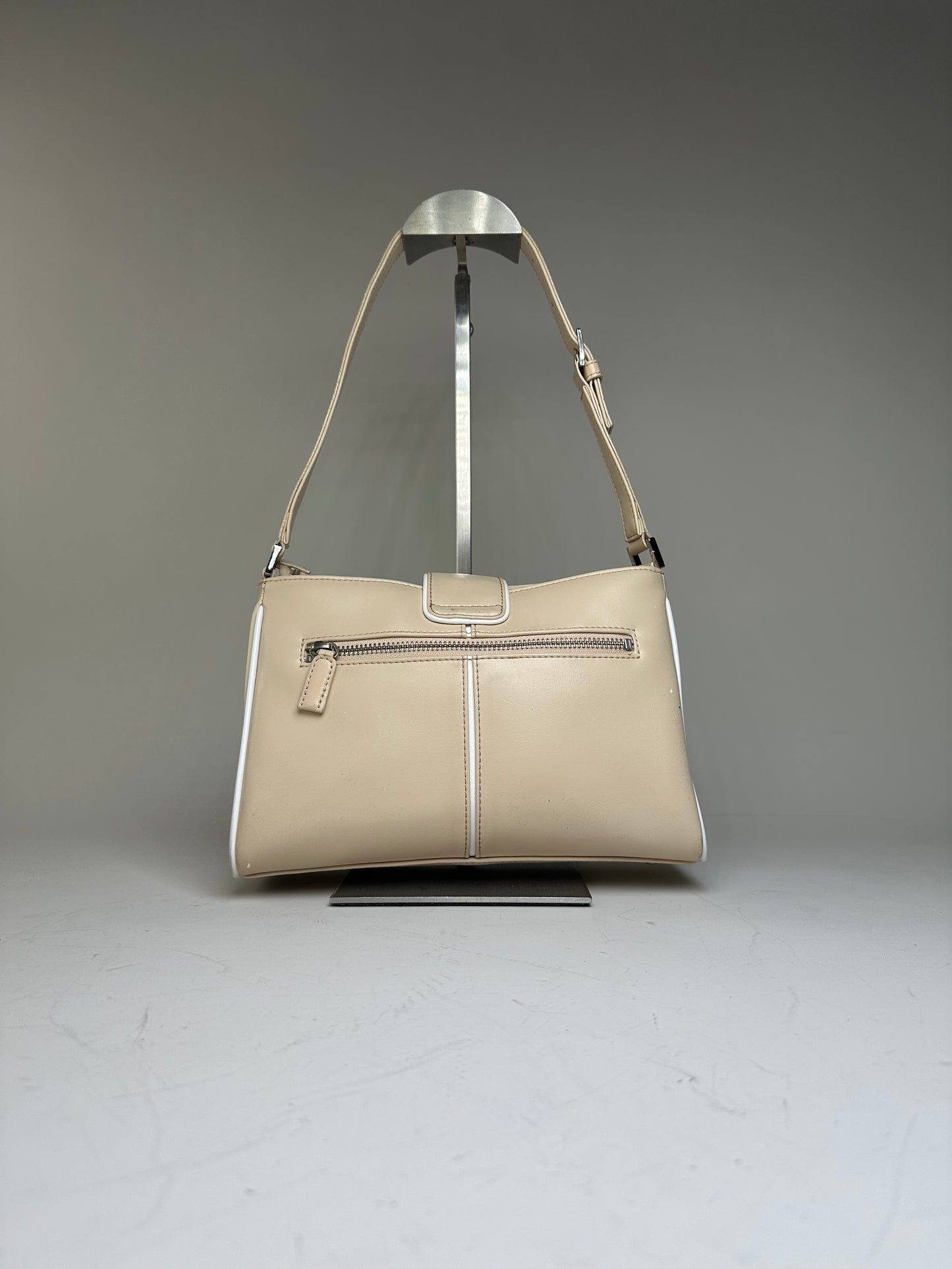 Vintage Courreges Leather Shoulder Bag Beige White Trim
