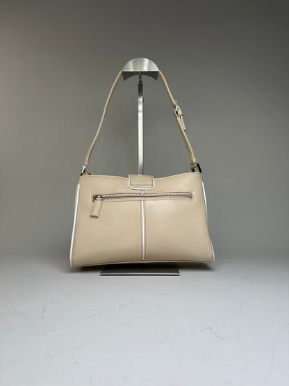 Vintage Courreges Leather Shoulder Bag Beige White Trim
