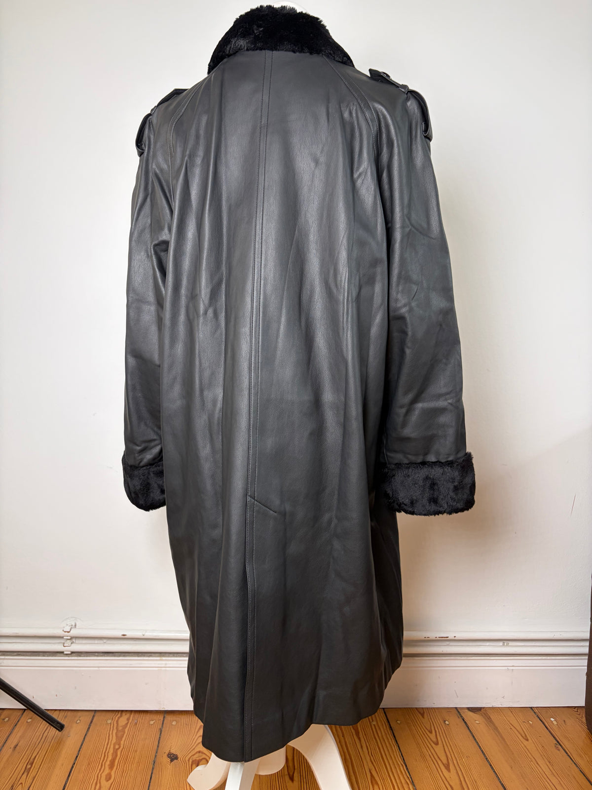 Vintage Courrèges Double-Breasted Leather Coat Faux Fur Black Grey approx. M