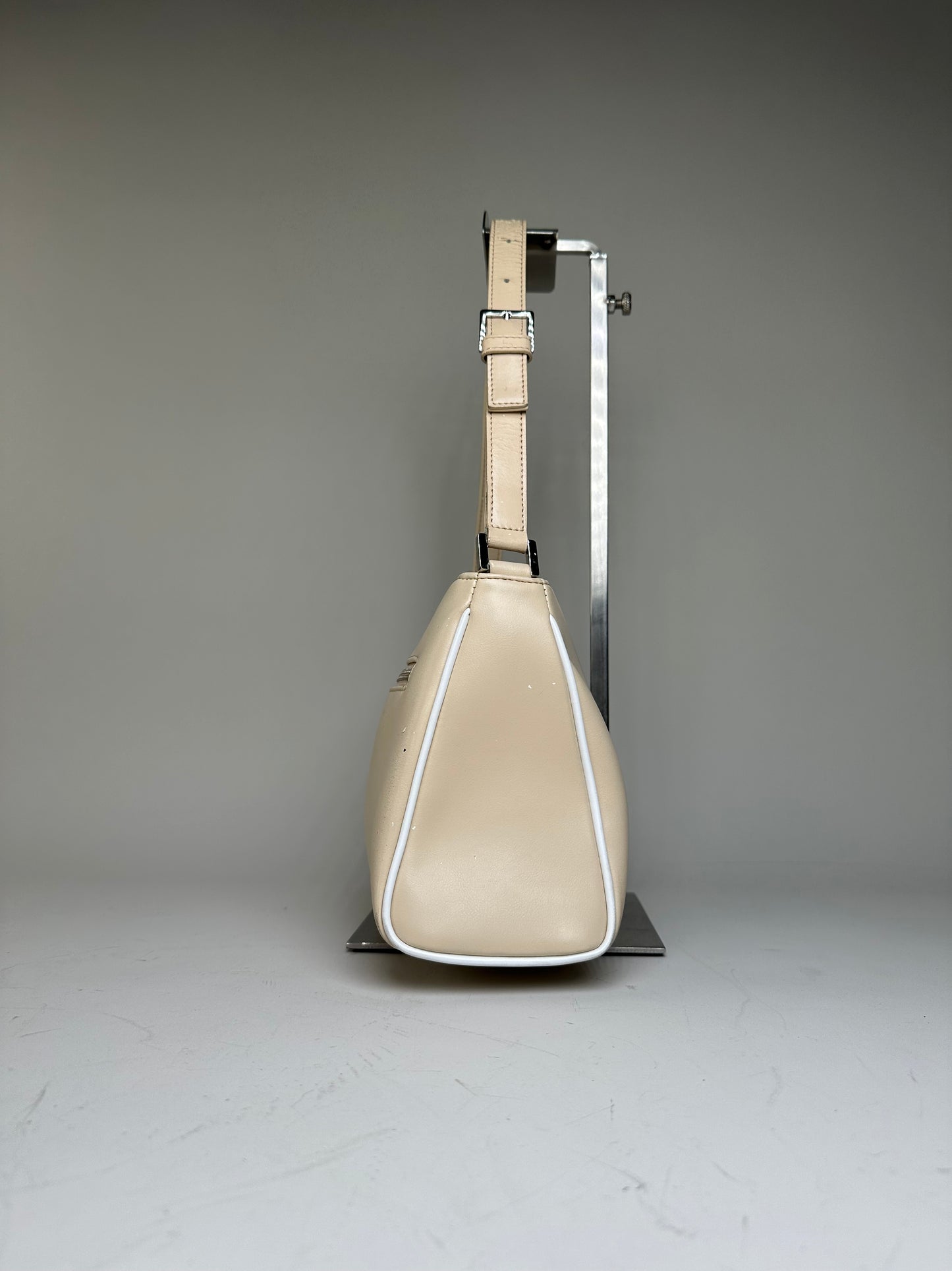 Vintage Courreges Leather Shoulder Bag Beige White Trim