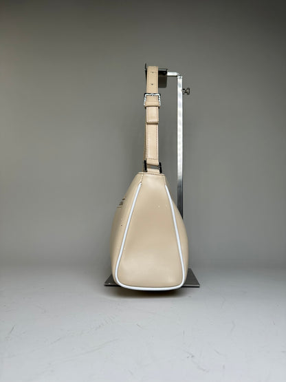 Vintage Courreges Leather Shoulder Bag Beige White Trim