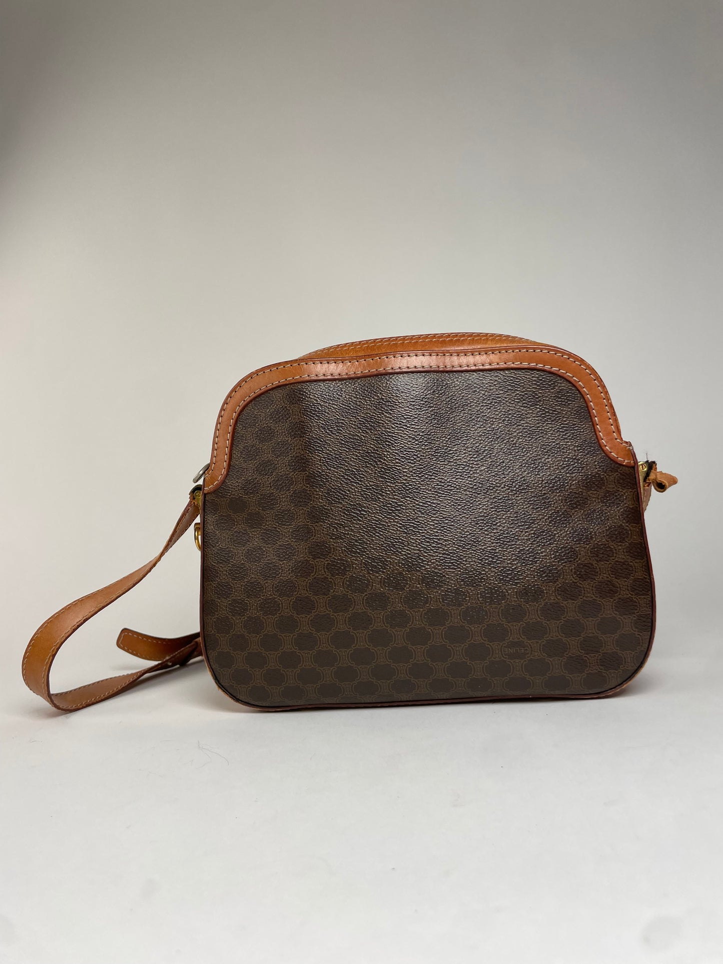 Vintage Celine Paris Triomphe Monogram Leather Shoulder Bag brown