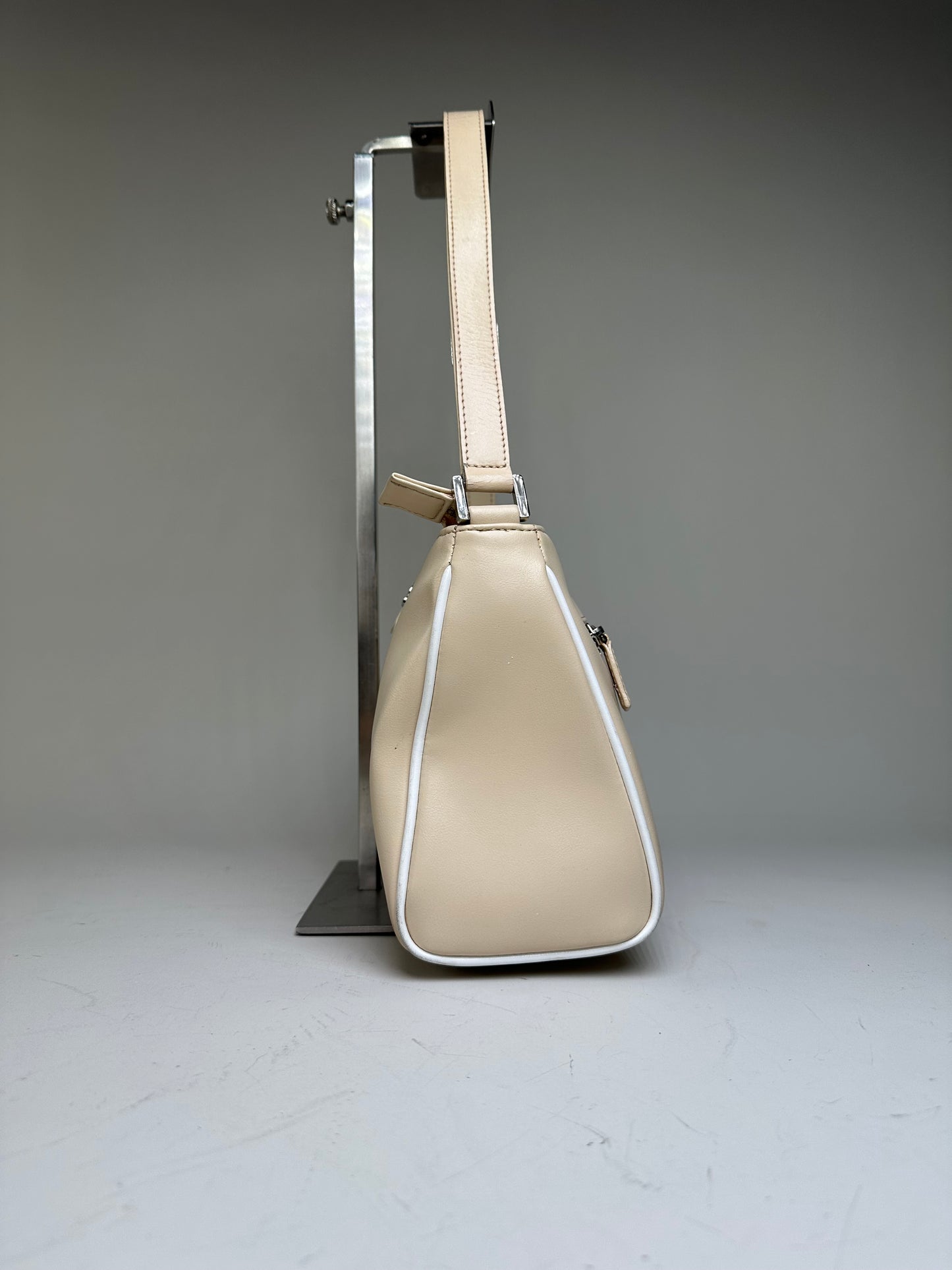 Vintage Courreges Leather Shoulder Bag Beige White Trim