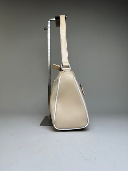 Vintage Courreges Leather Shoulder Bag Beige White Trim