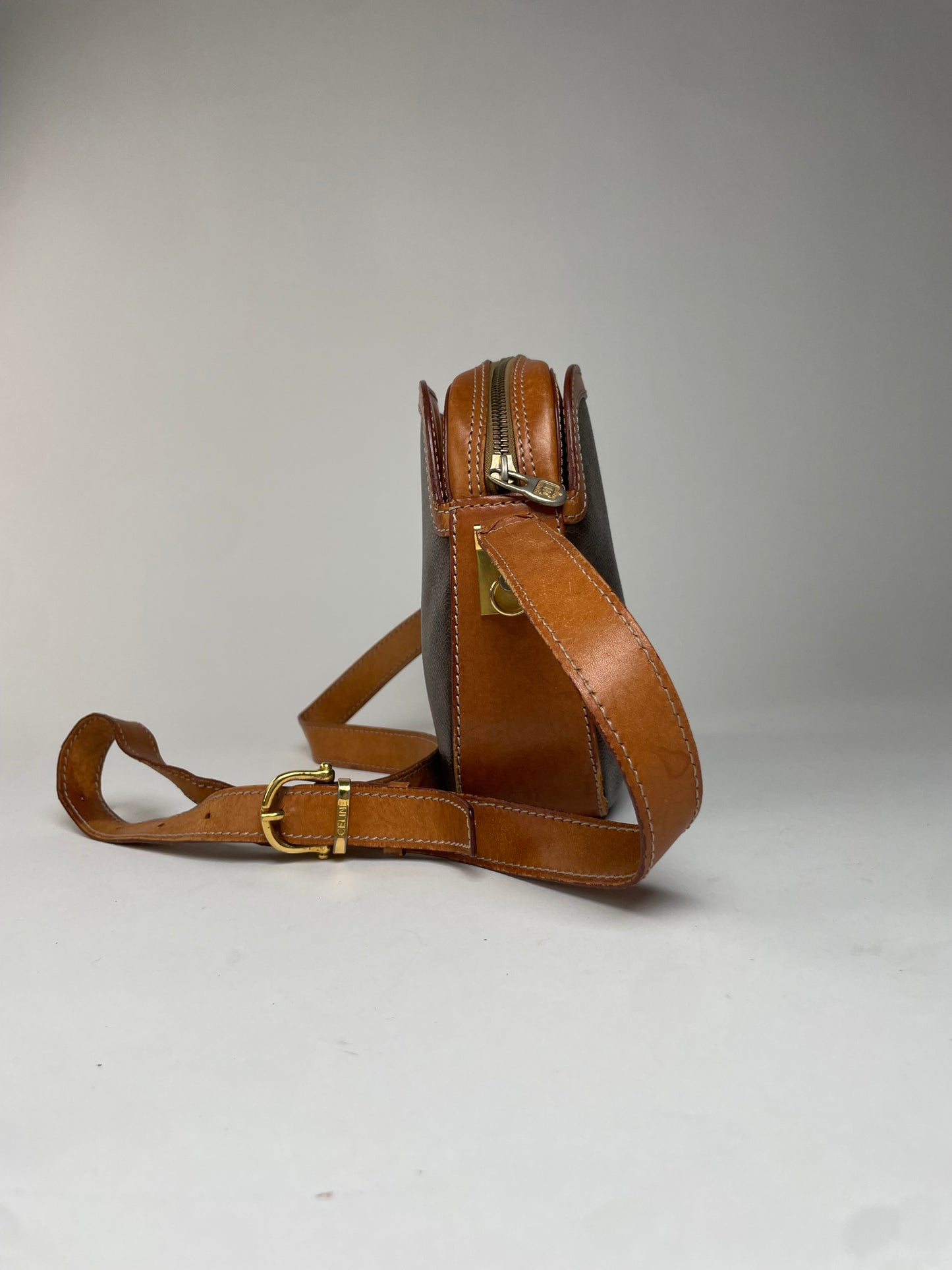 Vintage Celine Paris Triomphe Monogram Leather Shoulder Bag brown