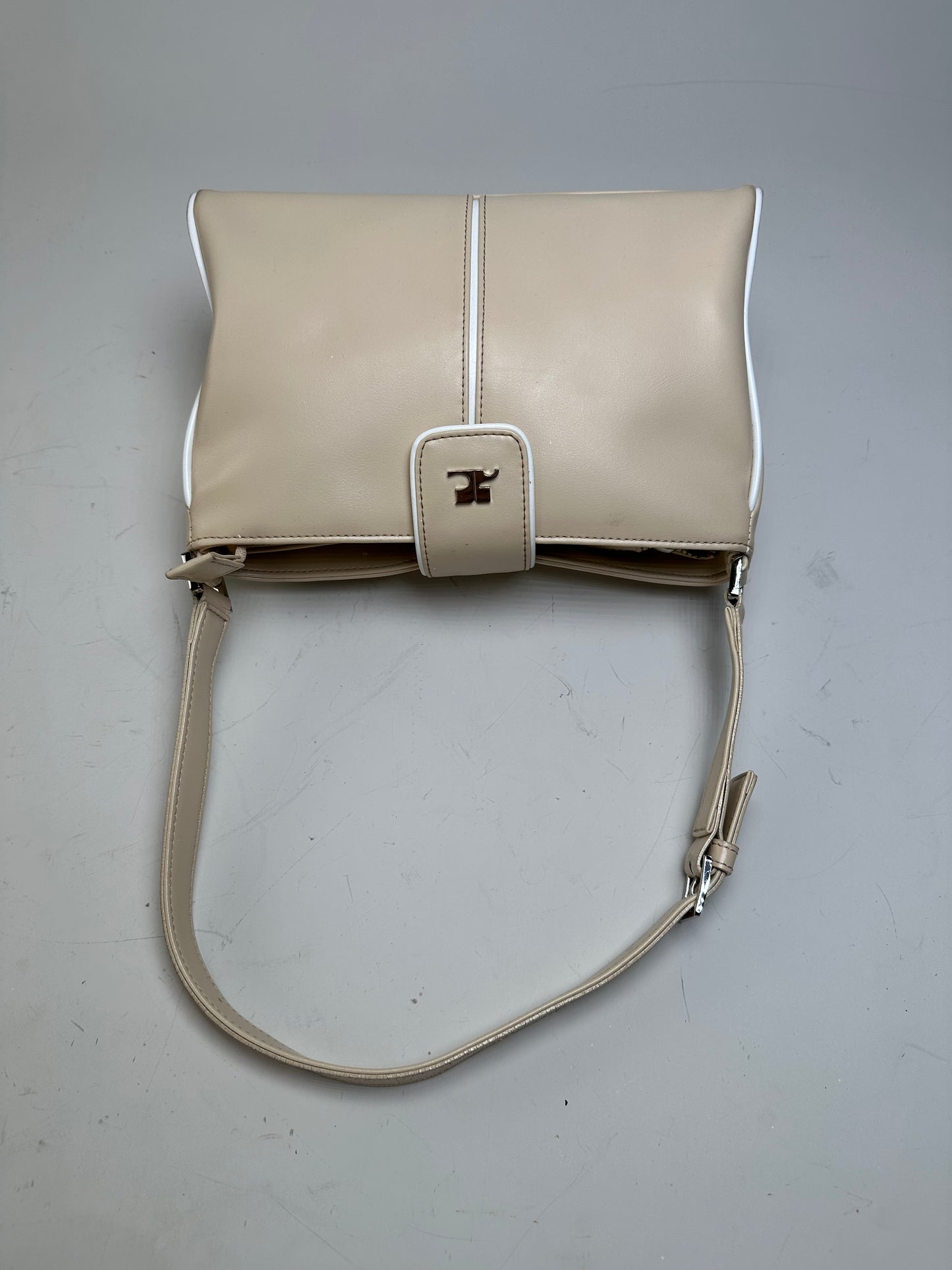 Vintage Courreges Leather Shoulder Bag Beige White Trim