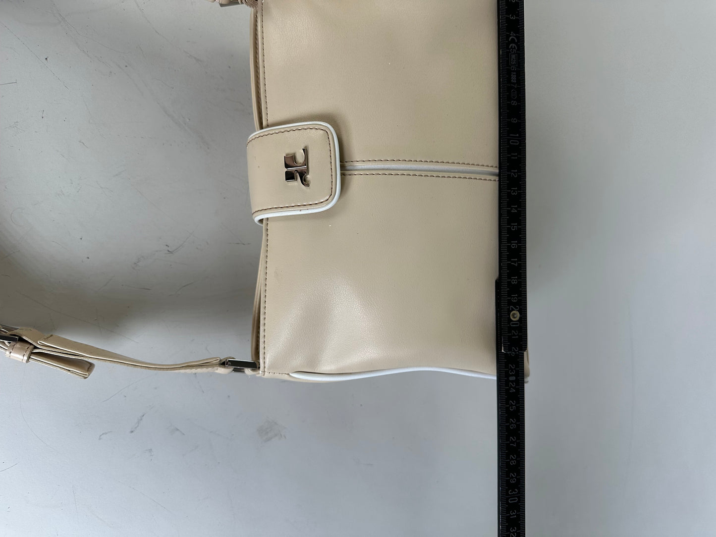 Vintage Courreges Leather Shoulder Bag Beige White Trim