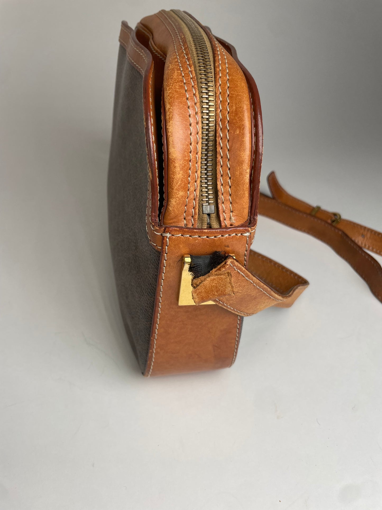 Vintage Celine Paris Triomphe Monogram Leather Shoulder Bag brown