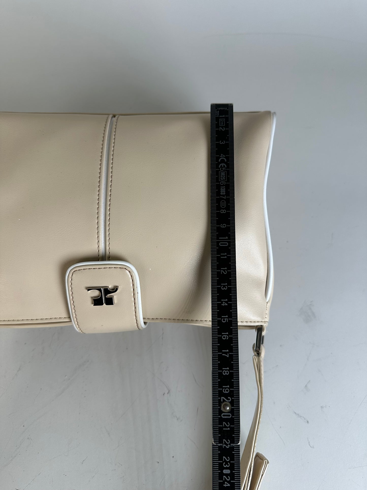 Vintage Courreges Leather Shoulder Bag Beige White Trim
