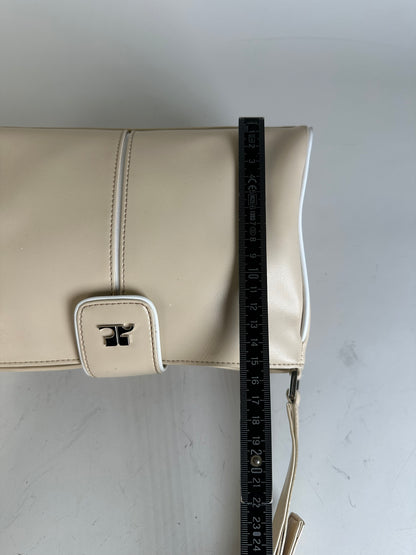 Vintage Courreges Leather Shoulder Bag Beige White Trim