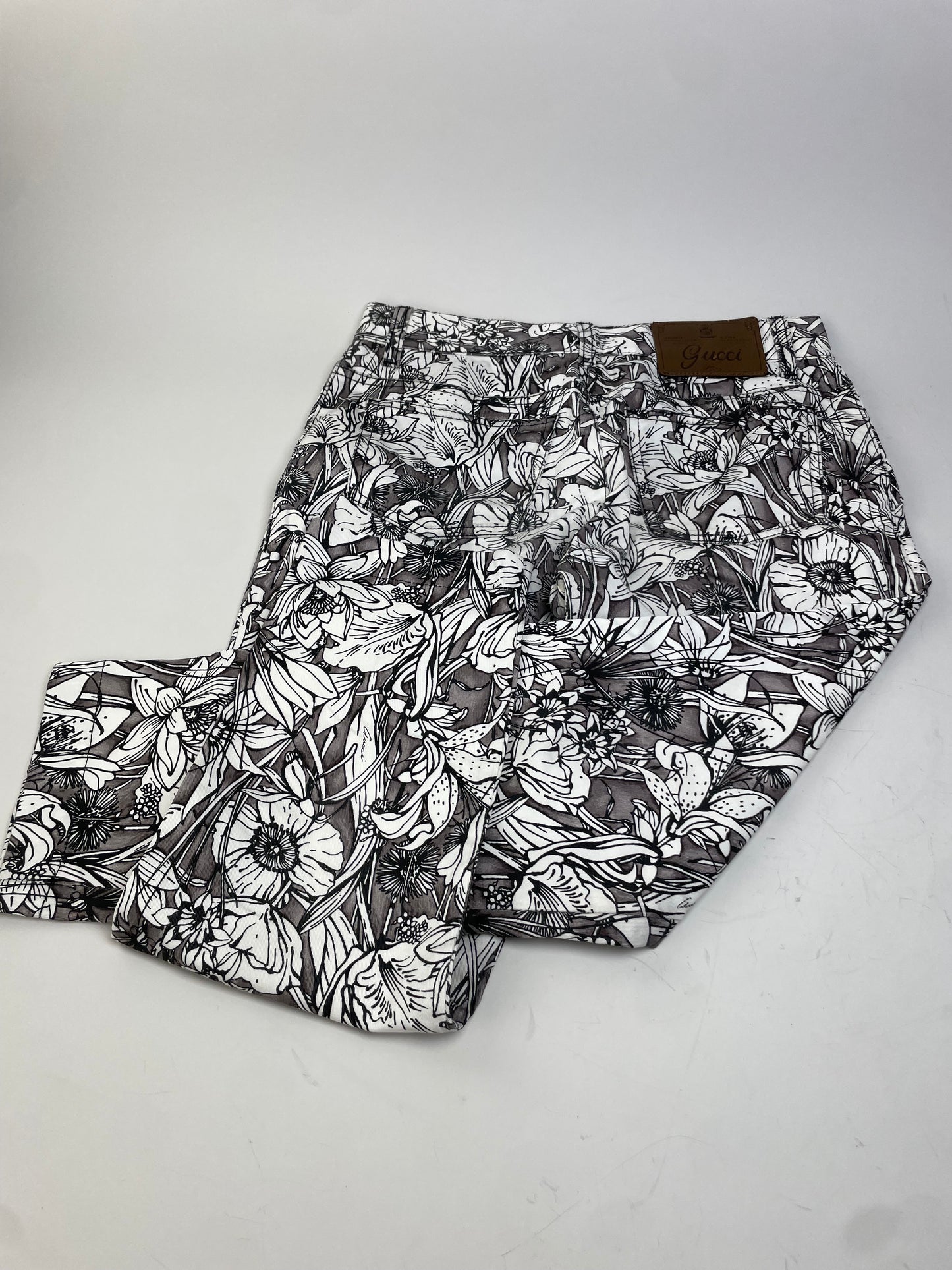 Vintage Gucci Floral Print Cotton Trousers Black White S