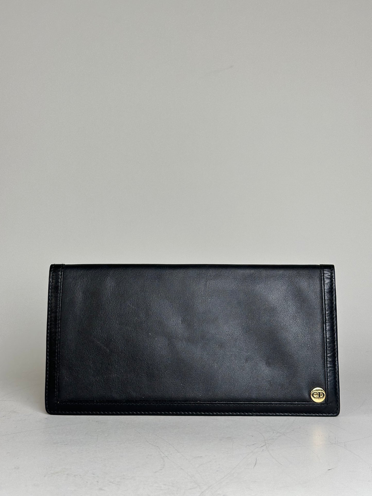 Vintage Dior Leather Wallet Black Gold-tone Logo France