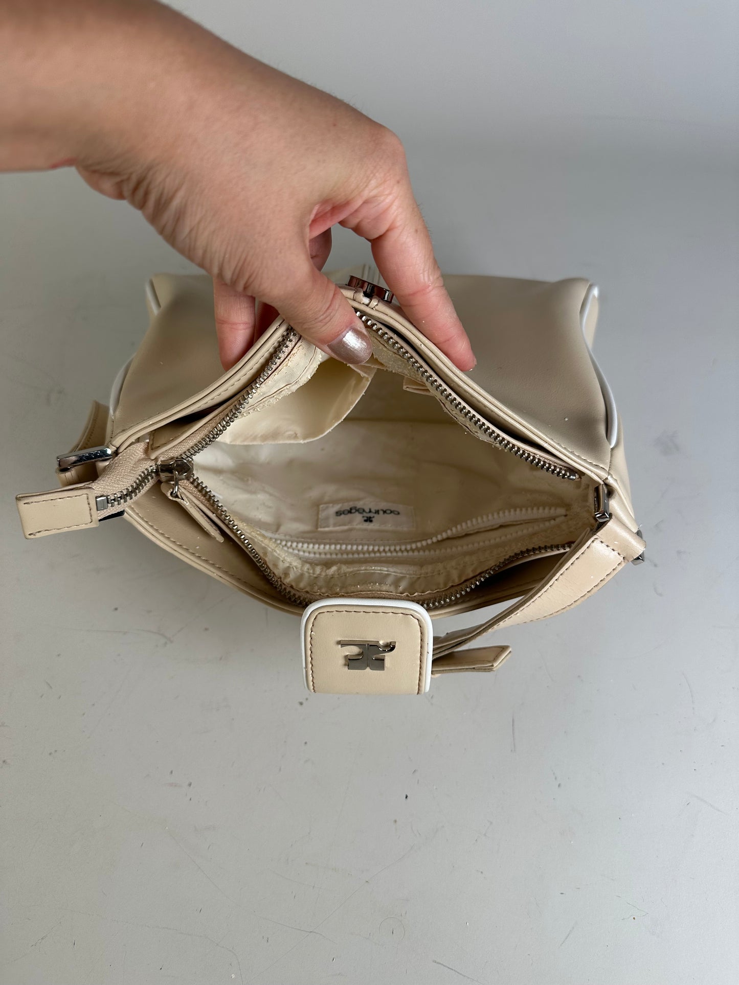 Vintage Courreges Leather Shoulder Bag Beige White Trim