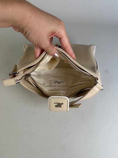 Vintage Courreges Leather Shoulder Bag Beige White Trim