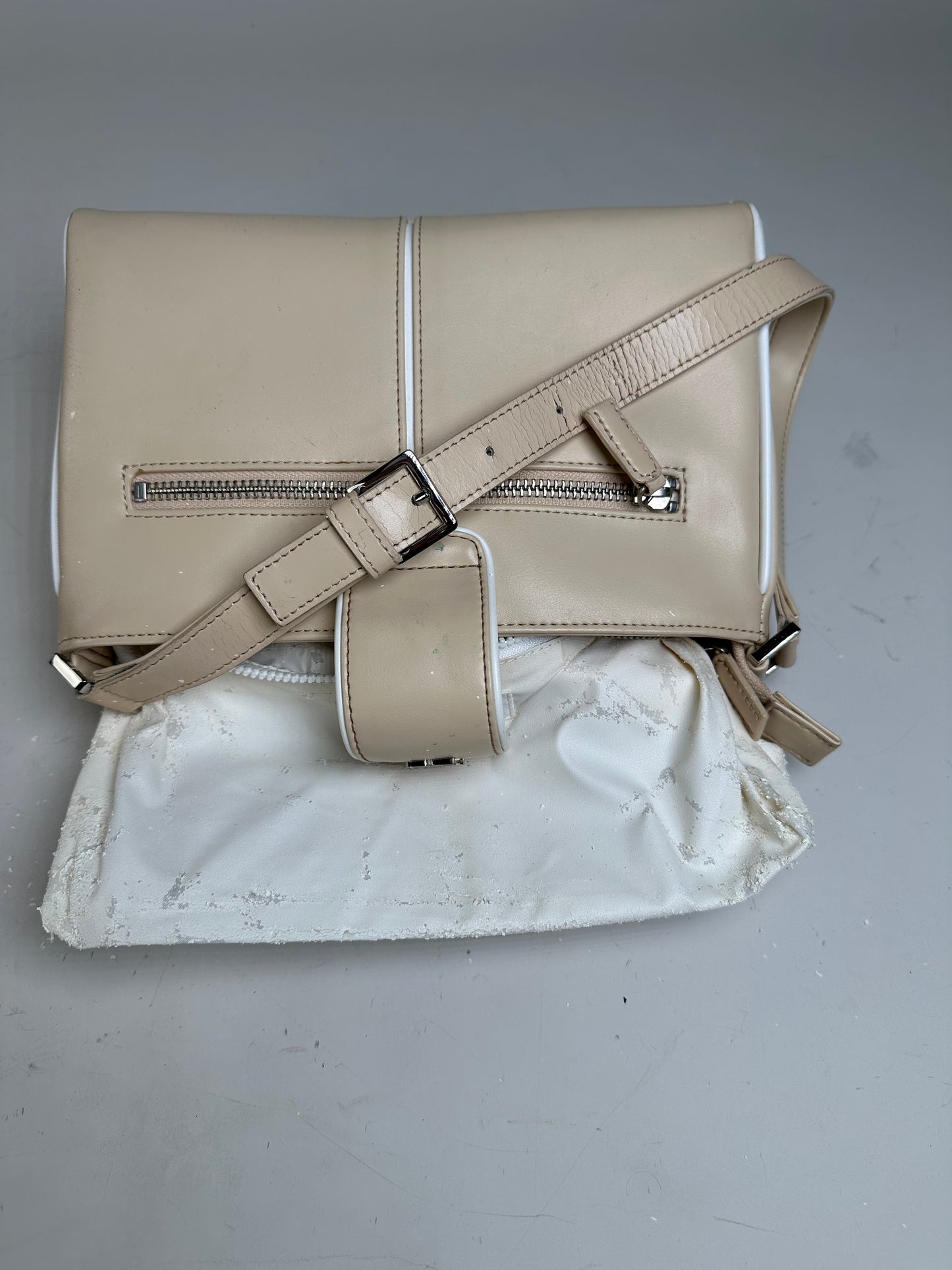 Vintage Courreges Leather Shoulder Bag Beige White Trim