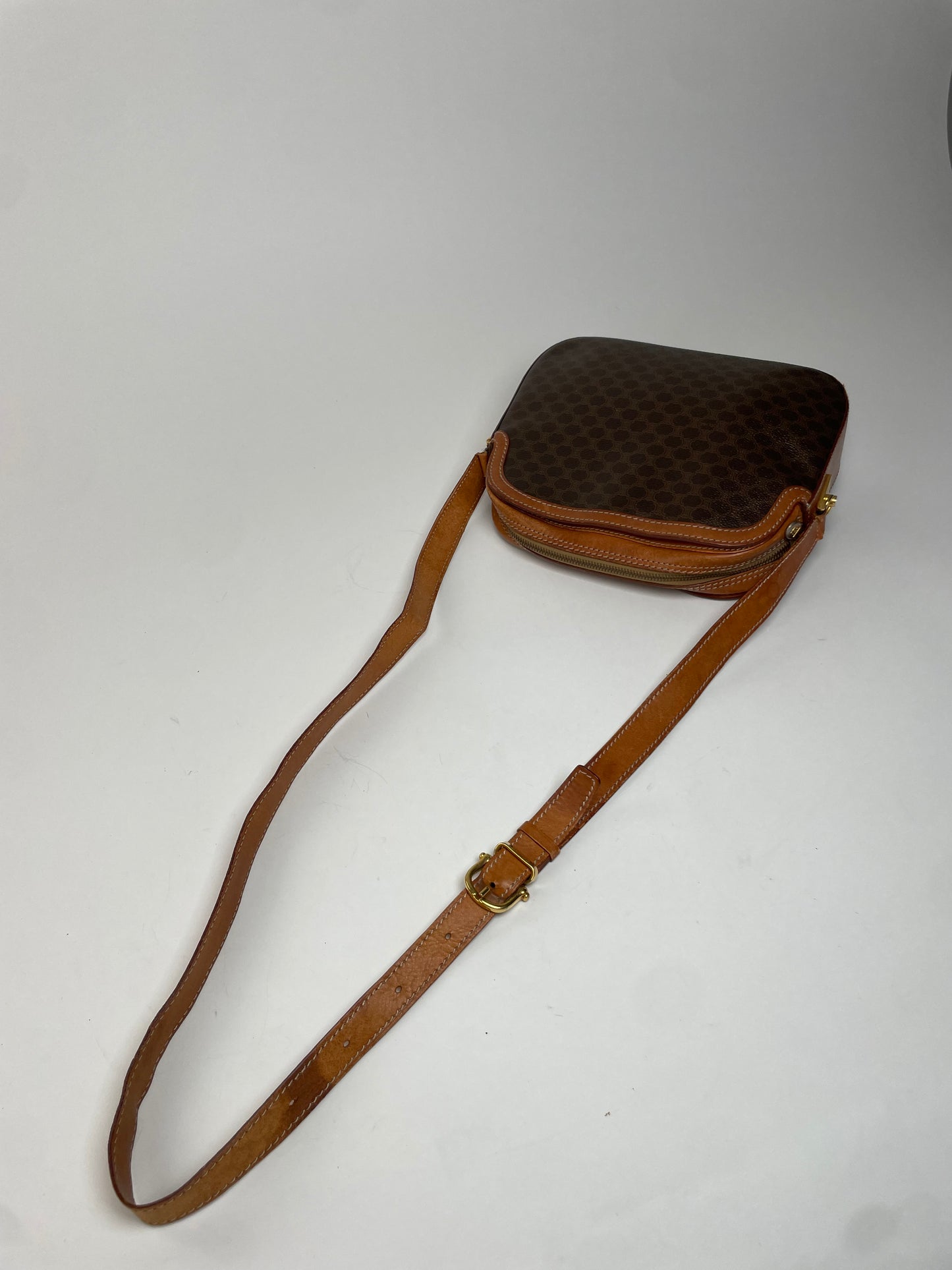 Vintage Celine Paris Triomphe Monogram Leather Shoulder Bag brown