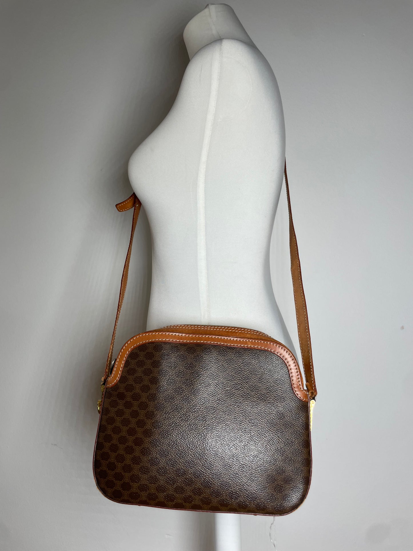 Vintage Celine Paris Triomphe Monogram Leather Shoulder Bag brown