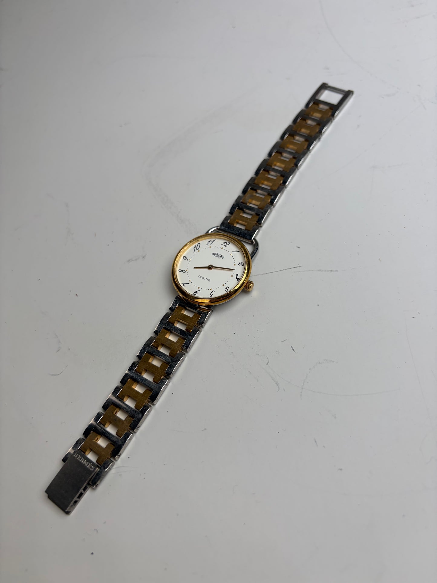Vintage Hermes Stainless Steel Gold Buckle Watch Silver Gold