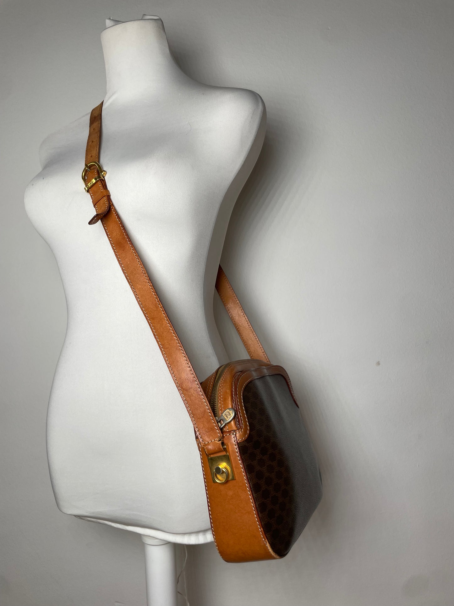 Vintage Celine Paris Triomphe Monogram Leather Shoulder Bag brown