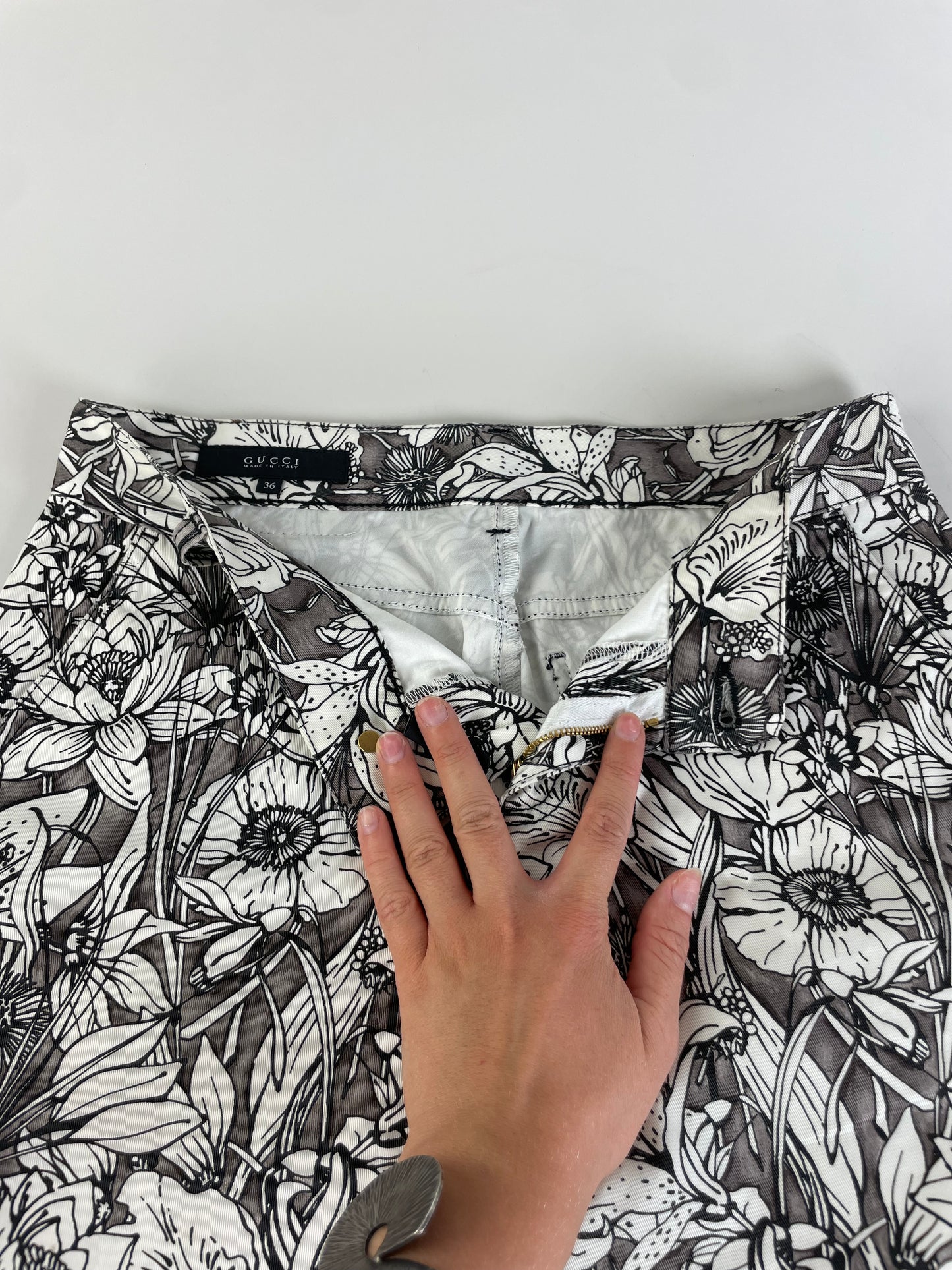 Vintage Gucci Floral Print Cotton Trousers Black White S