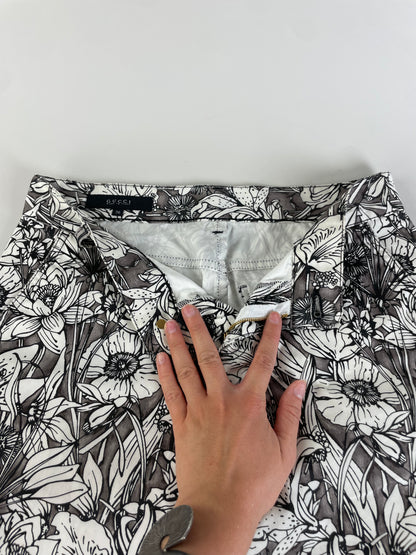 Vintage Gucci Floral Print Cotton Trousers Black White S