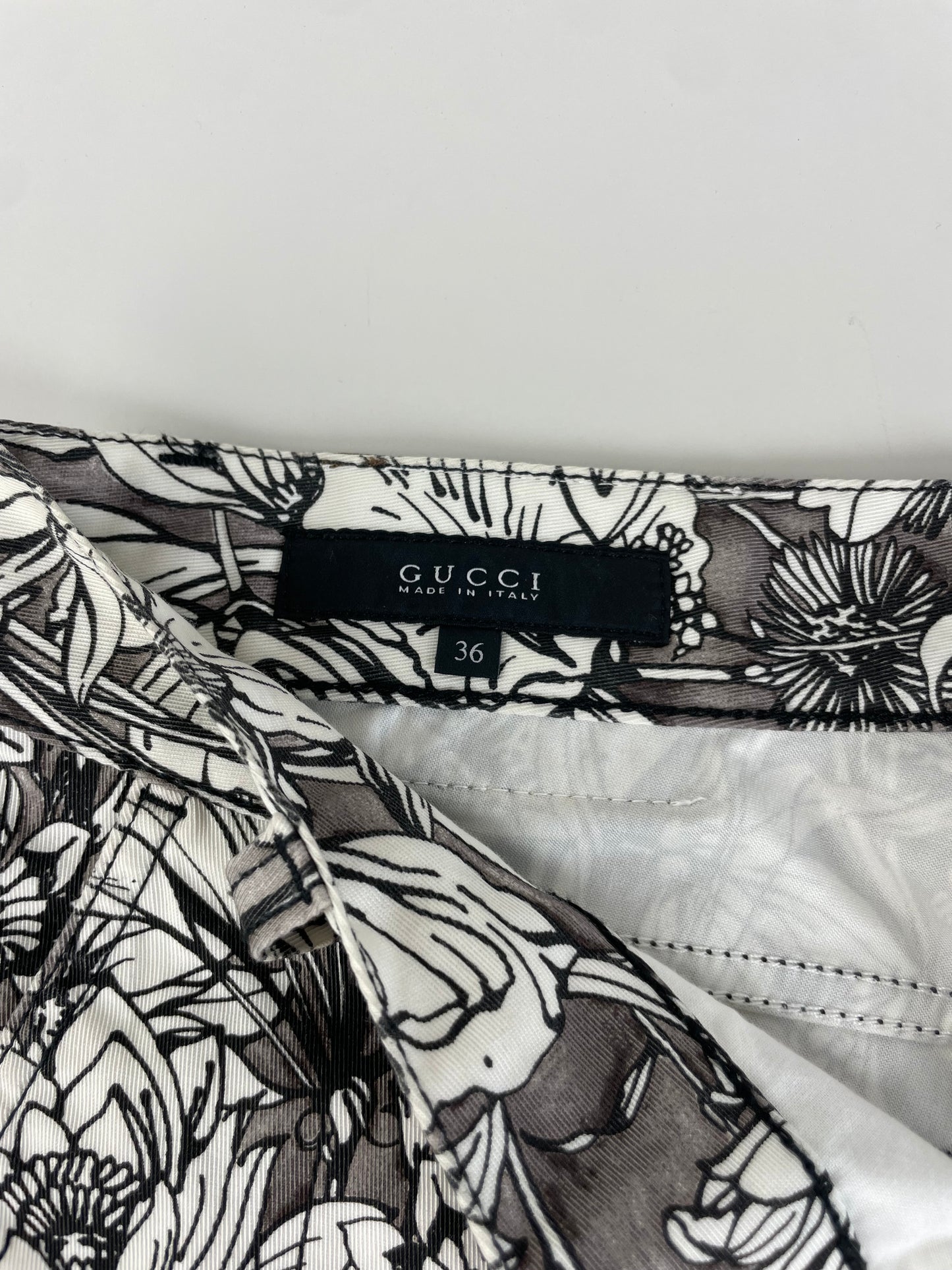 Vintage Gucci Floral Print Cotton Trousers Black White S