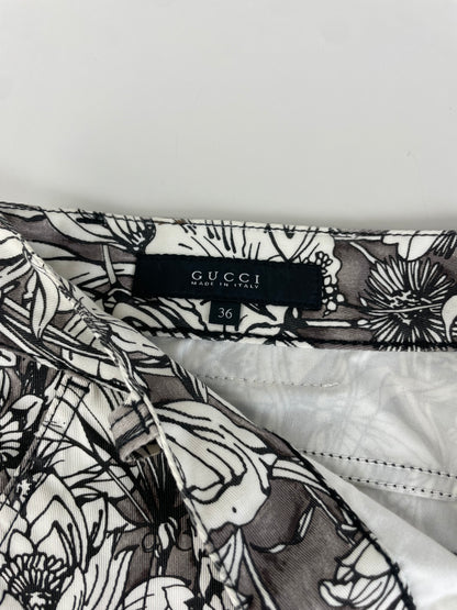 Vintage Gucci Floral Print Cotton Trousers Black White S