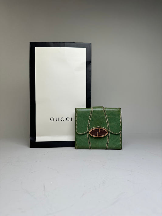 Vintage Gucci Leather Wallet Green Bronze Clasp