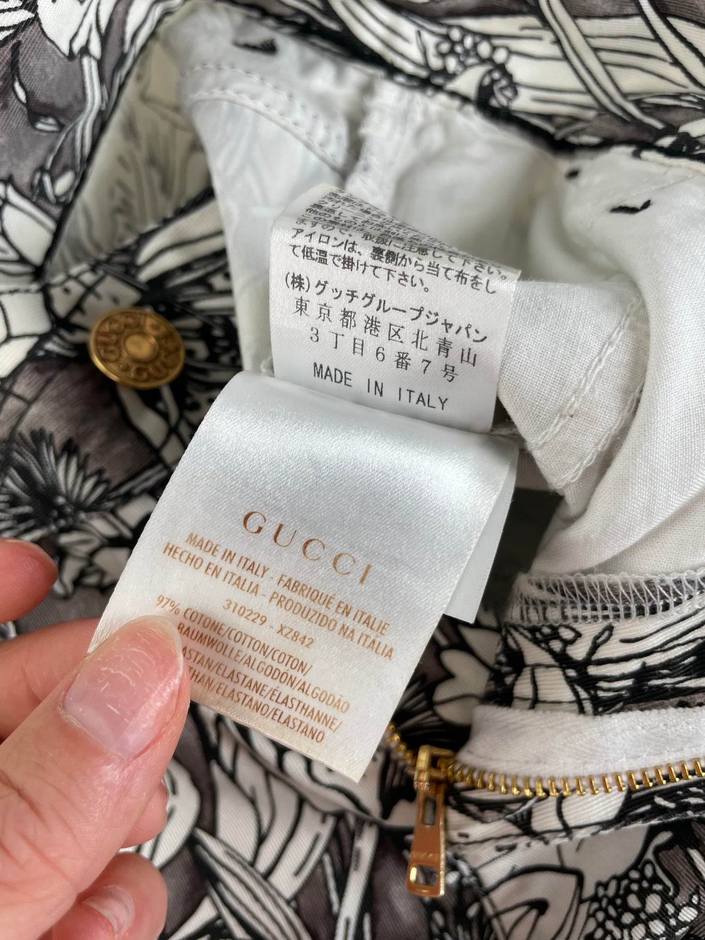 Vintage Gucci Floral Print Cotton Trousers Black White S