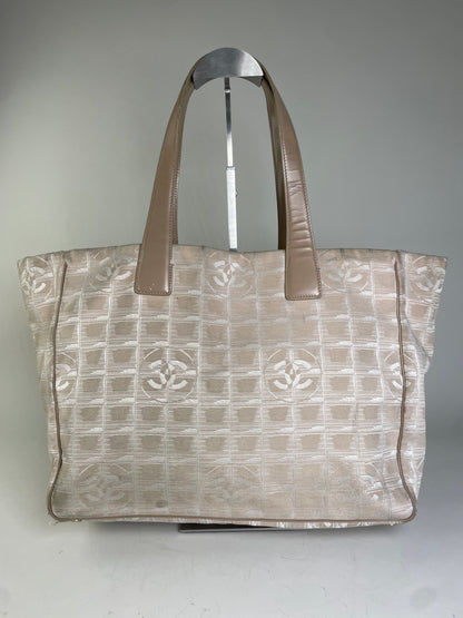 Vintage Chanel Canvas Tote Bag Cream Beige Gold-Tone c. 2000