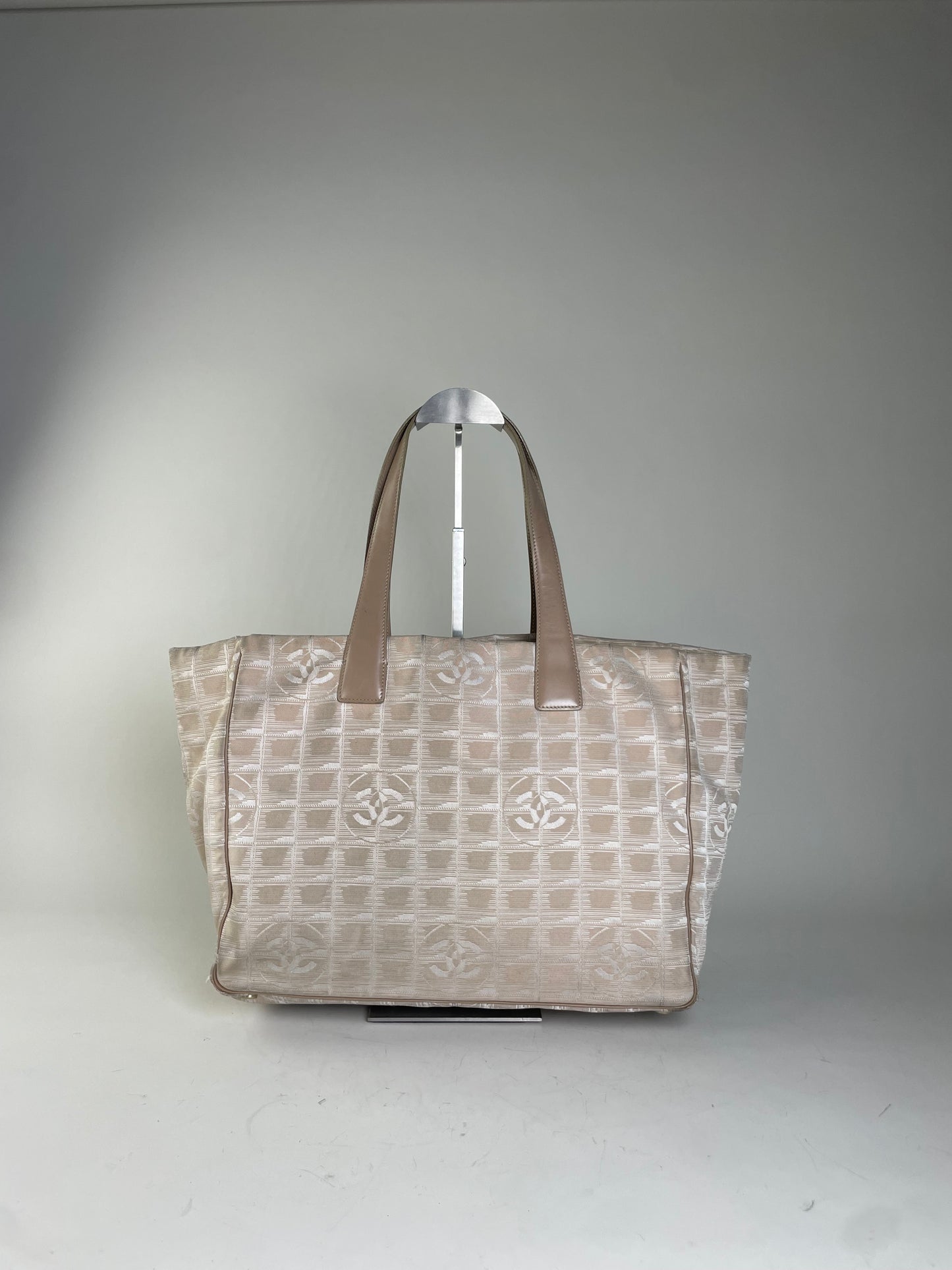 Vintage Chanel Canvas Tote Bag Cream Beige Gold-Tone c. 2000