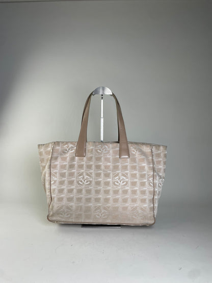 Vintage Chanel Canvas Tote Bag Cream Beige Gold-Tone c. 2000